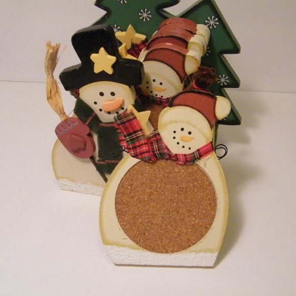 Snowman Coaster Set 7 Piece Wood and Cork Set -Great condition - Picture 2 of 8